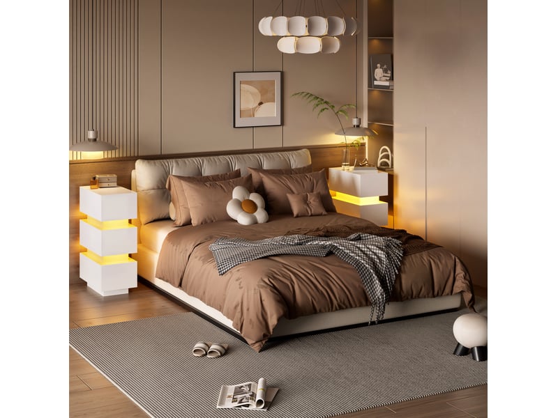  Tables de chevet tcqpz lot de 2 étroites 20 x 40 x 59,5 cm 3 tiroirs led usb type-c blanc  - Conforama D