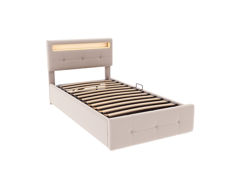  Lit simple rembourré 90 x 200 cm, éclairage led, coffre hydraulique, tête ajustable, beige  - Conforama A
