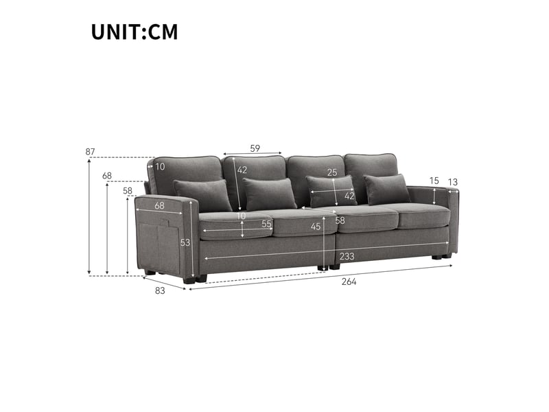  Canapé droit 4 places 264x83x87 cm, poches de rangement, bois et métal, couleur gris foncé, design moderne  - Conforama C