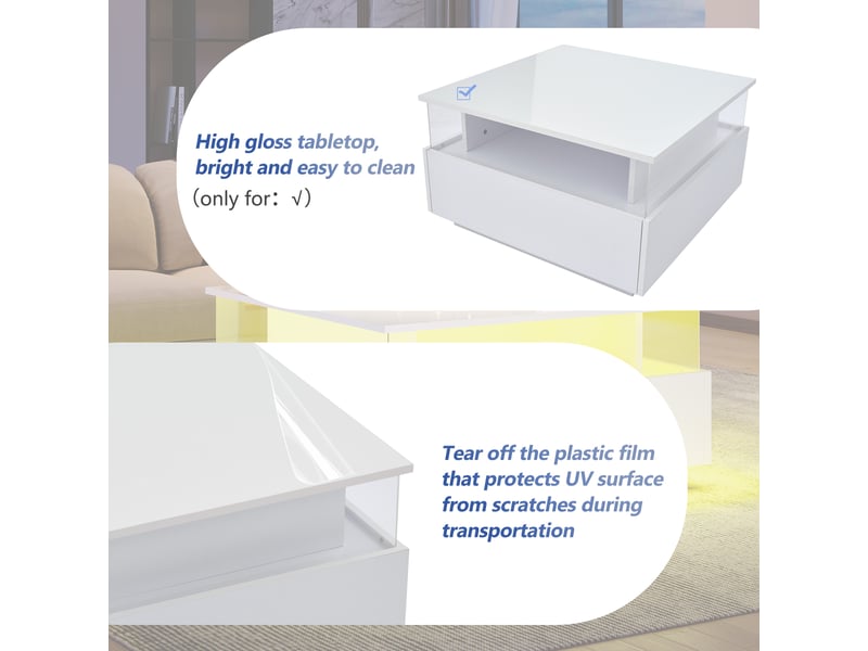  Table basse avec 2 tiroirs, éclairage led et espace transparent pour salon 70×70×41 cm blanc  - Conforama C