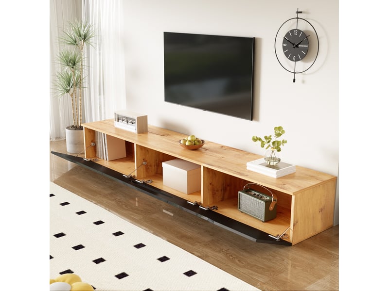  Meuble tv 180 cm noir et bois, led 16 couleurs, 3 portes, mural ou au sol  - Conforama D