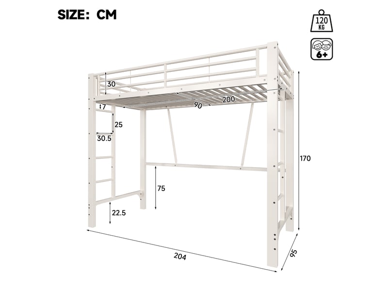  Lit mezzanine 90x200 cm coloris blanc, lit superposé enfant avec double échelle, lit en hauteur métal, sans matelas  - Conforama C