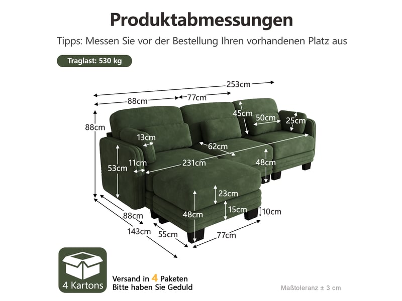  Canapé d'angle modulable 3 places 253x143 cm en chenille verte avec ottomane  - Conforama C