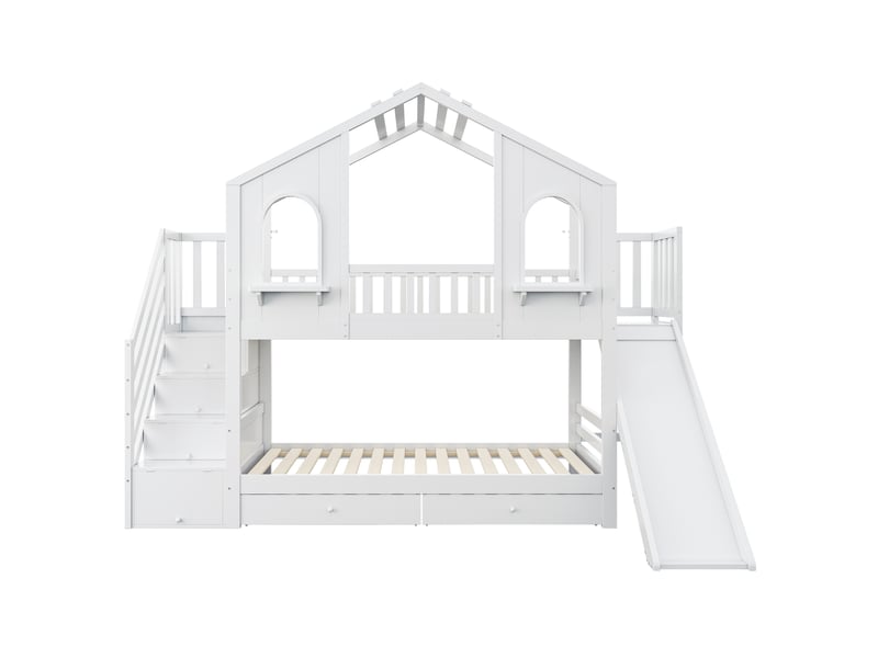 Lit superposé enfant - toboggan intégré - design cabane - 2x90x200cm - bois massif - blanc  - Conforama R