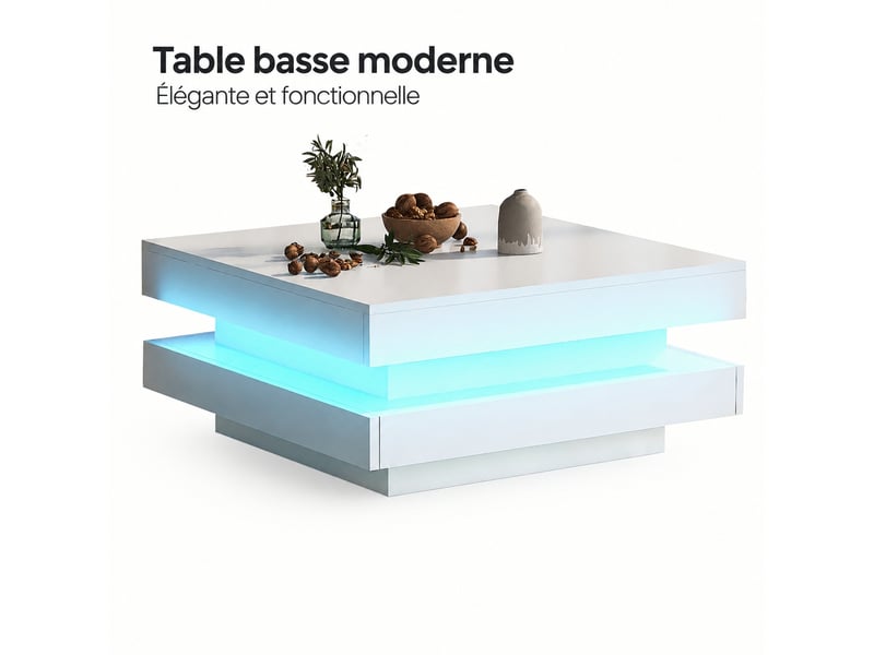  Table basse carrée blanche avec éclairage led bluetooth, 70 x 70 x 36 cm  - Conforama A