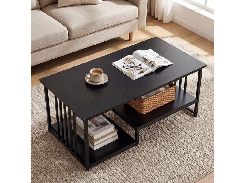  110x60x45 cm table basse rectangulaire rangement double etagère et plateau effet bois pour salon bureau  - Conforama D