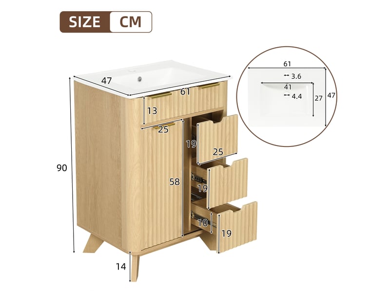  Meuble de salle de bain - 61x47x90cm - meuble sous-vasque avec vasque céramique, porte coulissante &amp; 3 tiroirs - bois naturel  - Conforama E