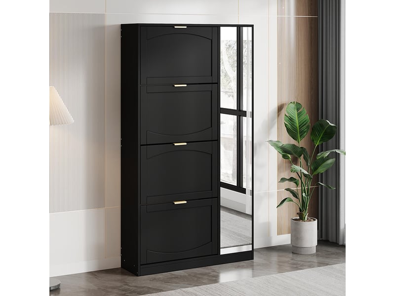 Meuble à chaussures moderne couloir noir avec miroir 4 compartiments rabattables étagère réglable derrière miroir droit  - Conforama B