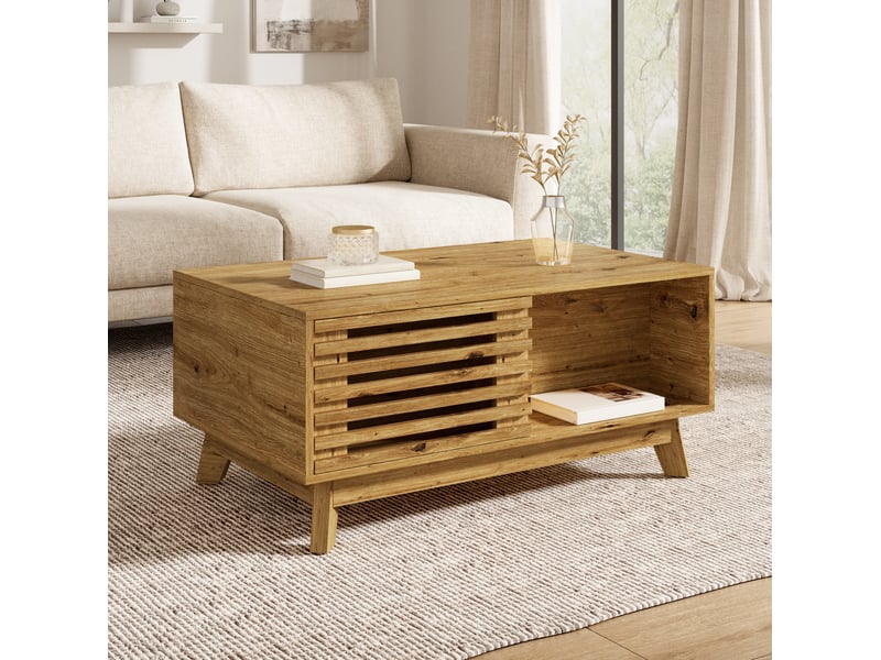  Table basse 90x55x57.5 cm à plateau relevable et porte coulissante en mdf coloris naturel  - Conforama D