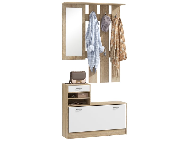  Porte-manteau 3 en 1 avec étagère à chaussures et miroir, crochets et tiroirs, en bois, 90 x 10 x 91 cm, blanc et chêne  - Conforama A