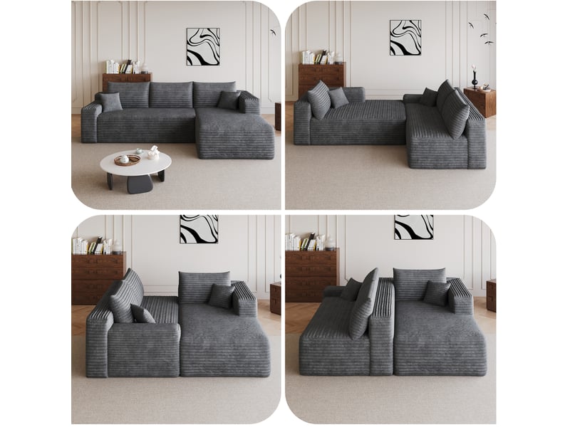  Canapé d'angle 3 places 241 cm en velours côtelé gris, assise profonde et installation sans outils  - Conforama D