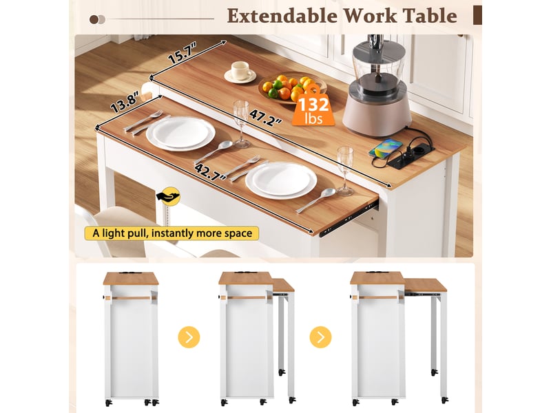  Desserte de cuisine avec plan coulissant, compartiment poubelle, prises et roulettes, en mdf blanc, 120×40-75×92 cm  - Conforama E