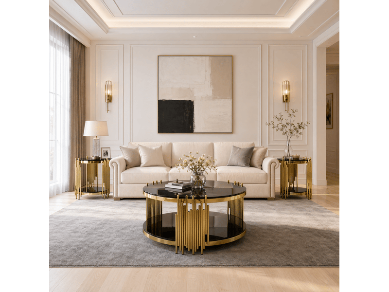 Table basse ronde en verre trempé avec 2 niveaux et structure en acier inoxydable pour salon bicolore noir et or - Conforama B