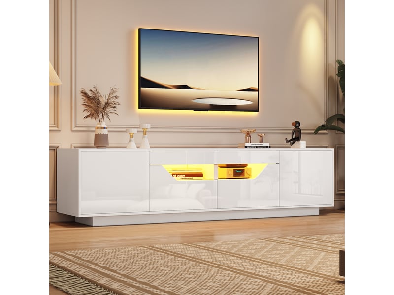  Meuble tv led avec 2 portes 2 tiroirs et 2 niches semi-ouvertes, finition brillante, blanc, 180 × 40 × 45 cm  - Conforama B