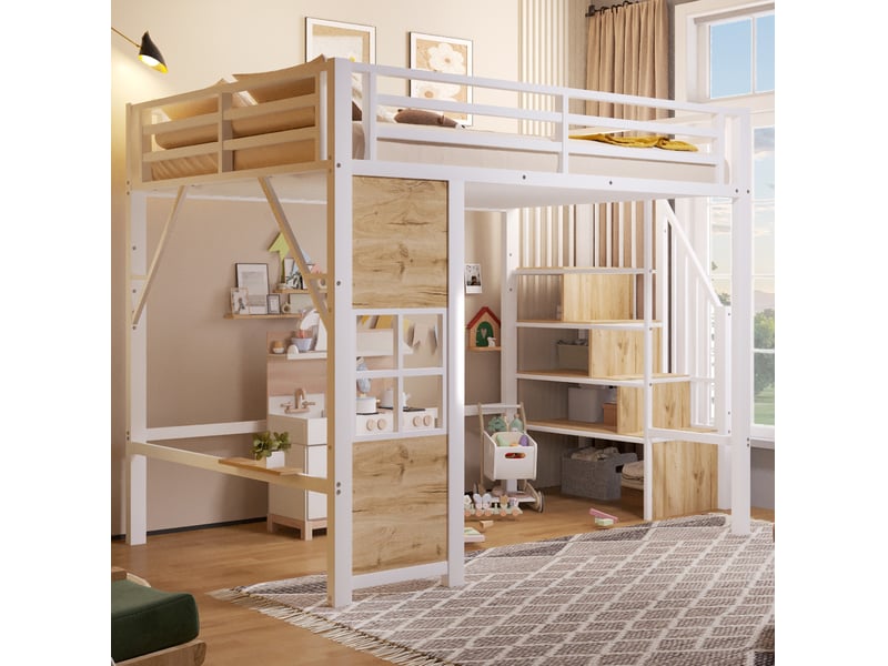  Lit mezzanine enfant 140 x 200 cm en métal et mdf avec escalier de rangement blanc  - Conforama B