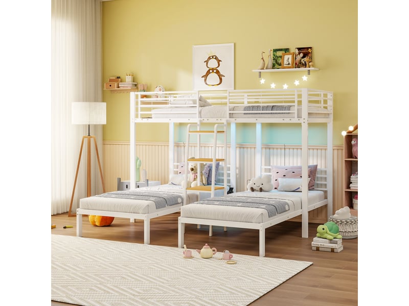  Lit superposé triple 90x200 cm en métal et mdf, 3 couchages en l, échelle intégrée à 4 marches et barrières de sécurité, blanc  - Conforama B