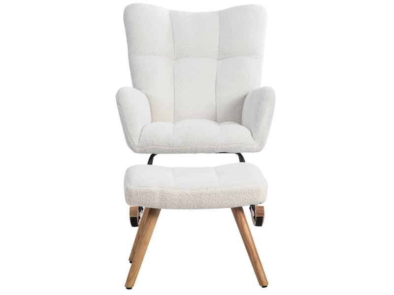  Fauteuil à bascule blanc en bouclette, repose-pieds réglable 49 x 38 x 38 cm, structure en bois et patins feutre  - Conforama A