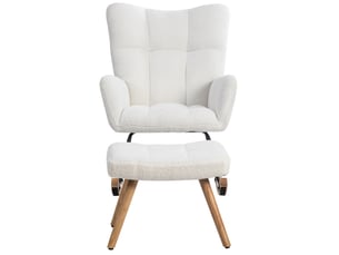 Fauteuil à bascule blanc en bouclette, repose-pieds réglable 49 x 38 x 38 cm, structure en bois et patins feutre