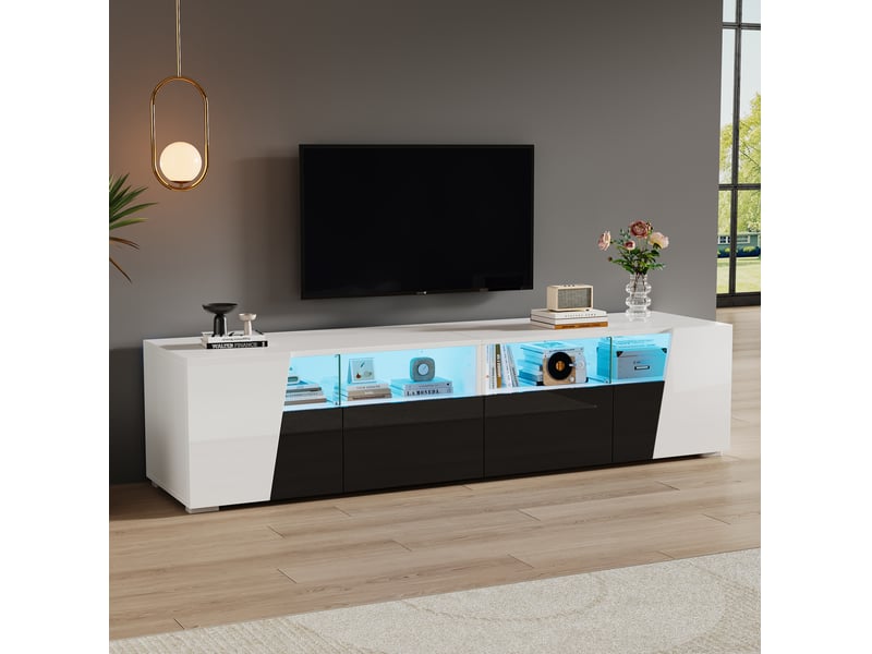  Meuble tv modenvie led 180 x 38,5 x 45 cm mdf et verre blanc et noir  - Conforama D