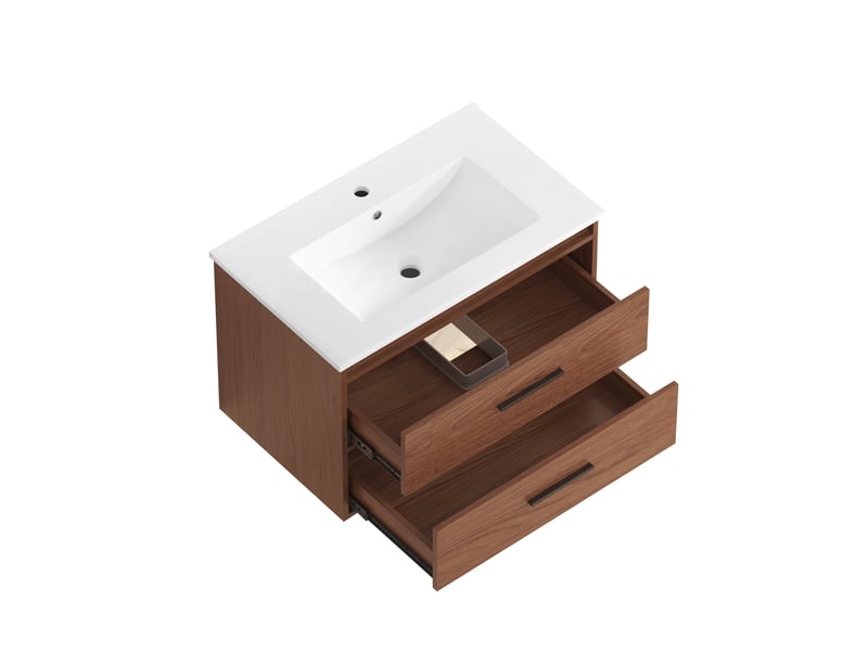  Armoire de salle de bain avec 2 tiroirs et rangement spacieux, pour salle de bain, en mdf brun rougeâtre, largeur 75 cm  - Conforama A