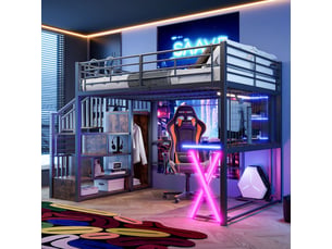 Lit mezzanine noir 140x200 avec bureau intégré, armoire, étagères, échelle de rangement et led – sans matelas