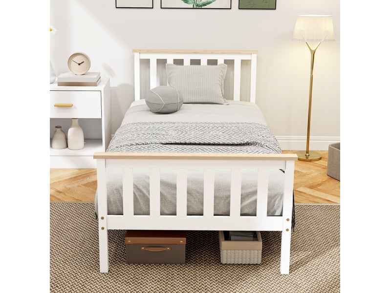  Elvmi cadre de lit simple en bois massif de pin blanc avec lattes, rangement sous le lit et design naturel pour chambre moderne  - Conforama D