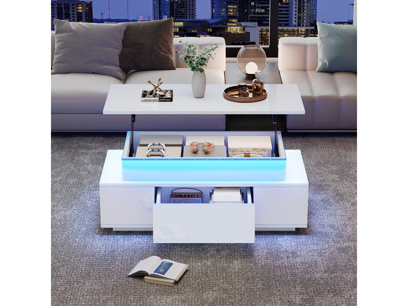  Table basse relevable avec led et rangement – blanche – 96 x 45 x 40 cm  - Conforama B