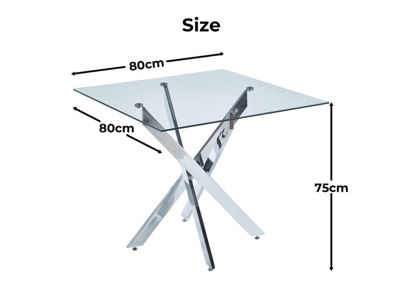  Table à manger carrée moderne – plateau en verre trempé et piètement métal chromé – argenté – 80 x 80 x 75 cm  - Conforama C