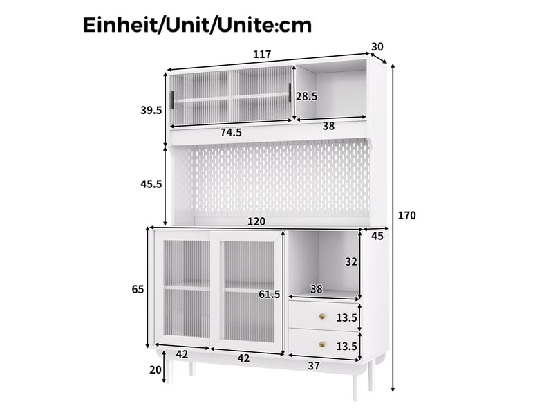  Buffet de cuisine en mdf et panneaux de particules, portes coulissantes en verre rainuré, tiroirs, niches ouvertes, pieds en pin  - Conforama C