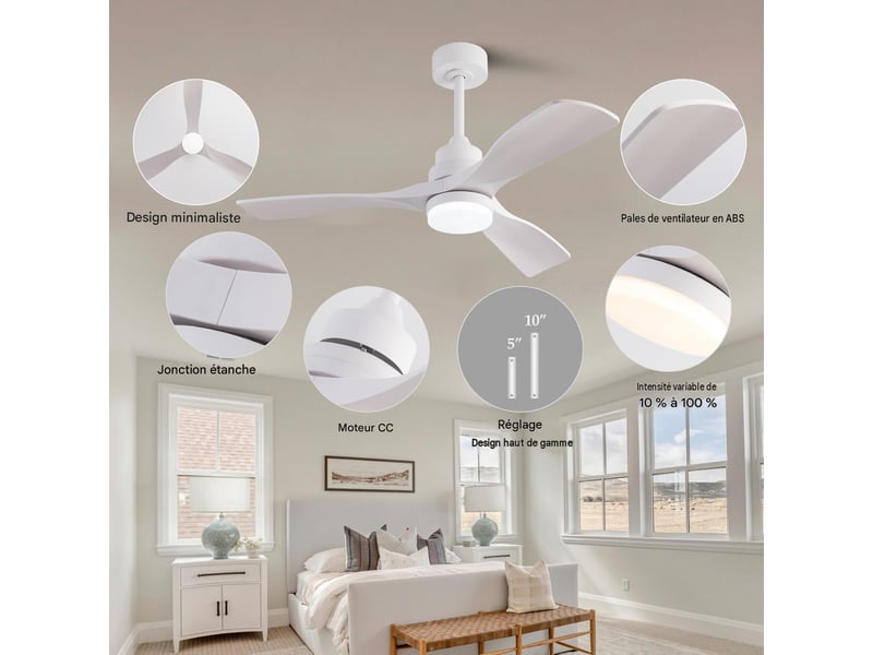  Ventilateur de plafond led avec télécommande moteur dc 3 pales blanc 107 cm W5766P467484 - Conforama E