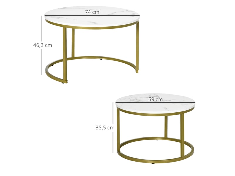  Set de 2 tables basses rondes gigognes – plateau effet marbre blanc et cadre en acier doré – ø 74 et 59 cm  - Conforama D