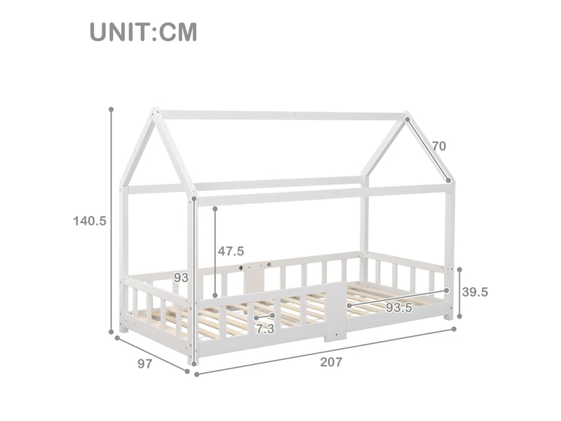 Lit cabane enfant 90x200cm avec tableau noir, sommier à lattes, ludique, pin, blanc, sans matelas - Conforama C