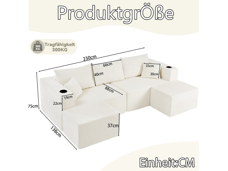 Canapé d’angle modulaire 3 places 230x138x75 cm avec ottomans mobiles en velours côtelé beige - Conforama E
