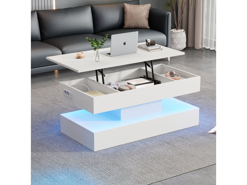 Table basse relevable rectangulaire en panneaux de particules avec lumière led,rangement caché et prises européennes intégrées,blanc table basse blanc - Conforama B