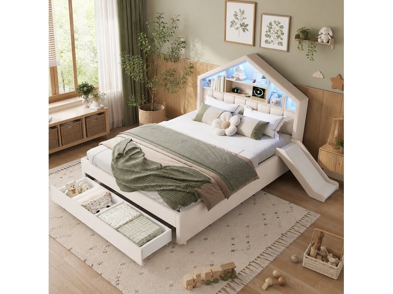  Lit enfant cabane 140x200 avec toboggan et rangement homvra  - Conforama C
