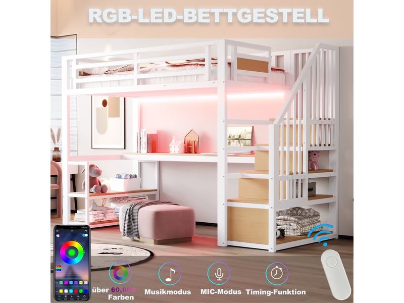 Lit mezzanine 90 x 200 cm, avec led, prise, échelle, étagères, table, barrière, fer, blanc - Conforama D