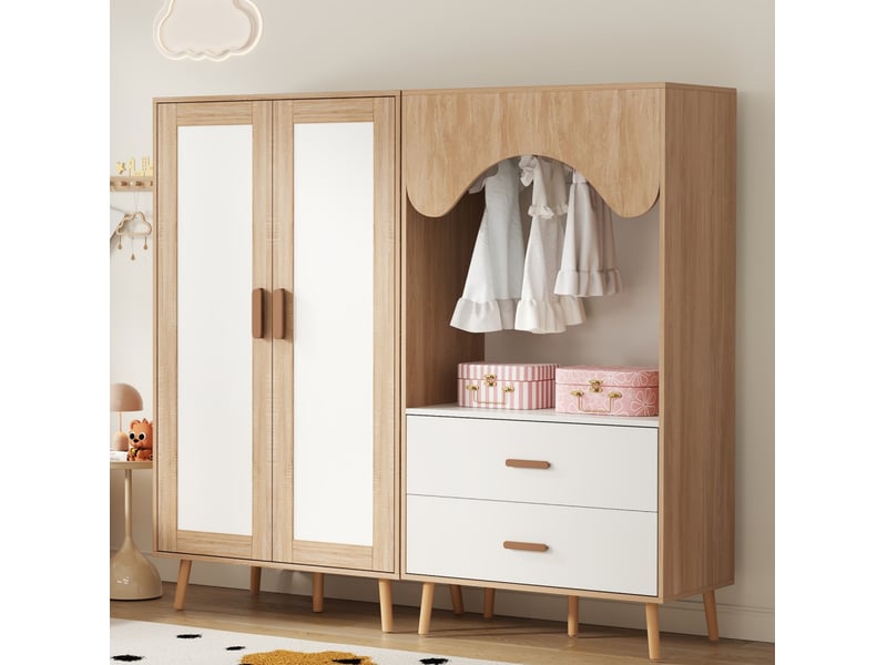  Armoire enfant tcqpz 160 x 46 x 141,5 cm penderie ouverte, 2 portes, 2 tiroirs, mdf, blanc et bois naturel  - Conforama E