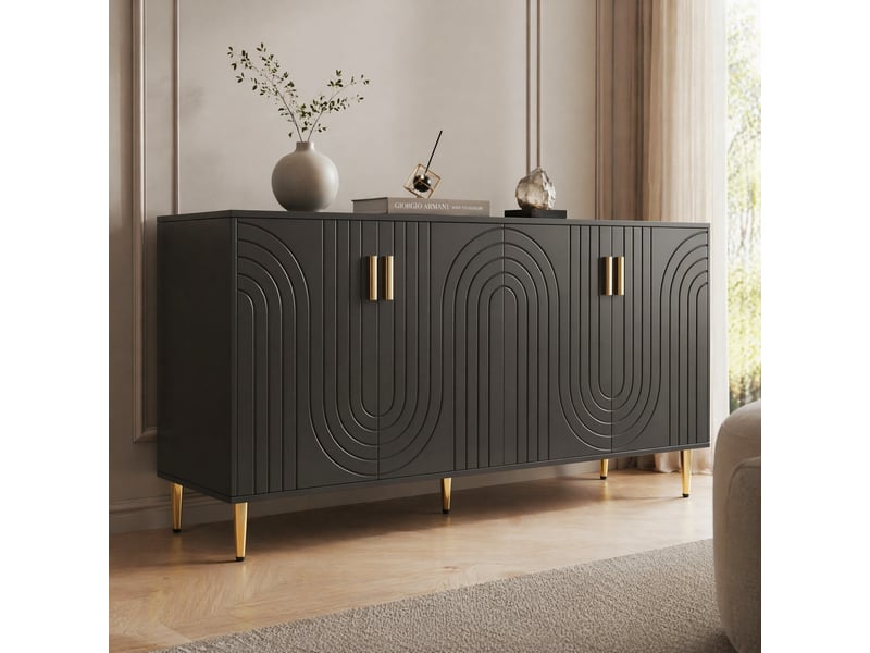 Buffet bas noir 152 x 40 x 75 cm avec design ondulé, détails dorés et portes battantes  - Conforama D