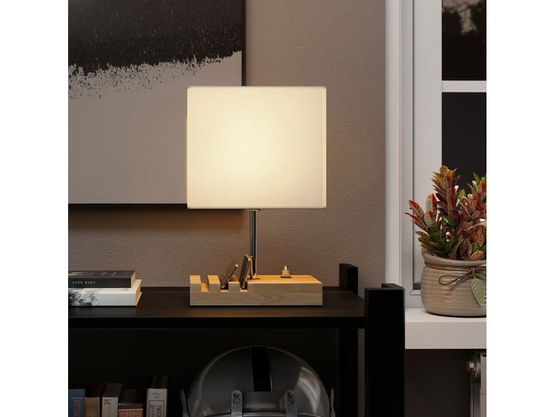  Lampe de chevet usb, bois, tissu, interrupteur à bascule, compartiments de rangement, blanc  - Conforama C