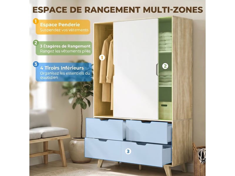  Armoire chambre penderie, 2 portes coulissantes, 4 tiroirs, étagères réglables, barre de suspension, chêne et blanc  - Conforama D
