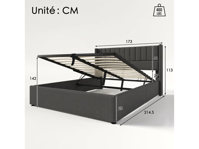 Lit coffre hydraulique 160 x 200 cm avec sommier à lattes et revêtement en lin gris - Conforama C