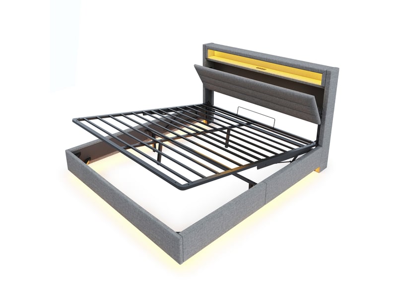  Lit rembourré 160x200 cm, sommier suspendu hydrauliquement avec rangement, lit rembourré multifonctionnel avec prise usb et éclairage led, tête de lit réversible, gris lin  - Conforama D