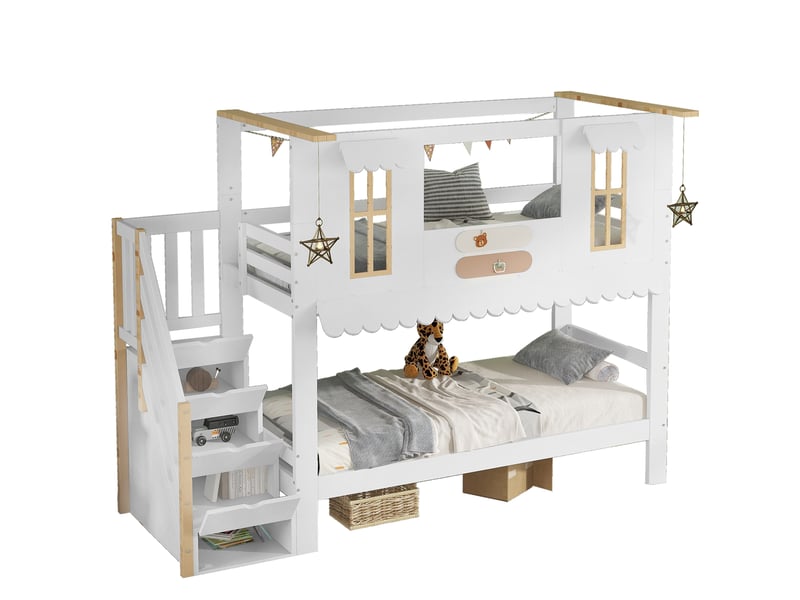  Lit superposé enfant 90x200 cm avec escalier de rangement, blanc et naturel  - Conforama A