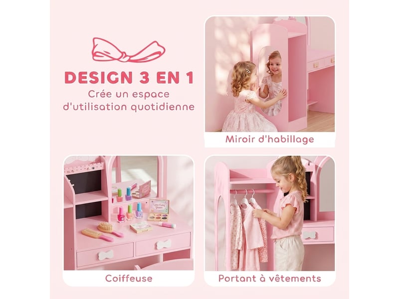  Coiffeuse enfant avec tabouret miroir led et penderie mdf rose 92 x 36 x 103,3 cm  - Conforama D