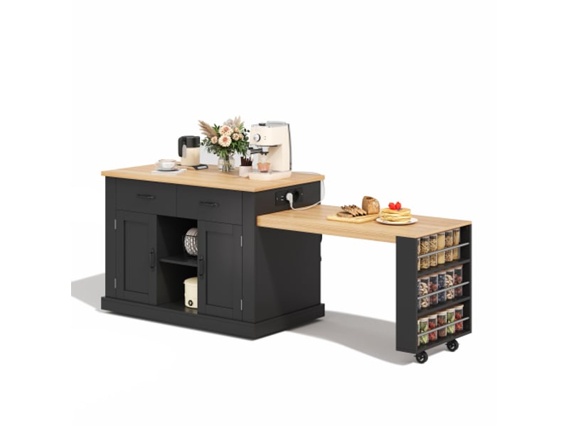 Îlot de cuisine avec table extensible, prises, usb, 2 portes et 2 tiroirs, noir, 132(235)x70x90 cm  - Conforama A