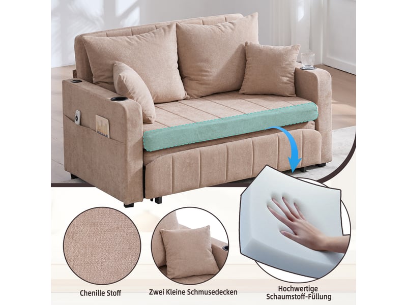 Canapé convertible chenille khaki 139x83cm - canapé lit extensible 3 places avec rangement et coussins inclus - Conforama E