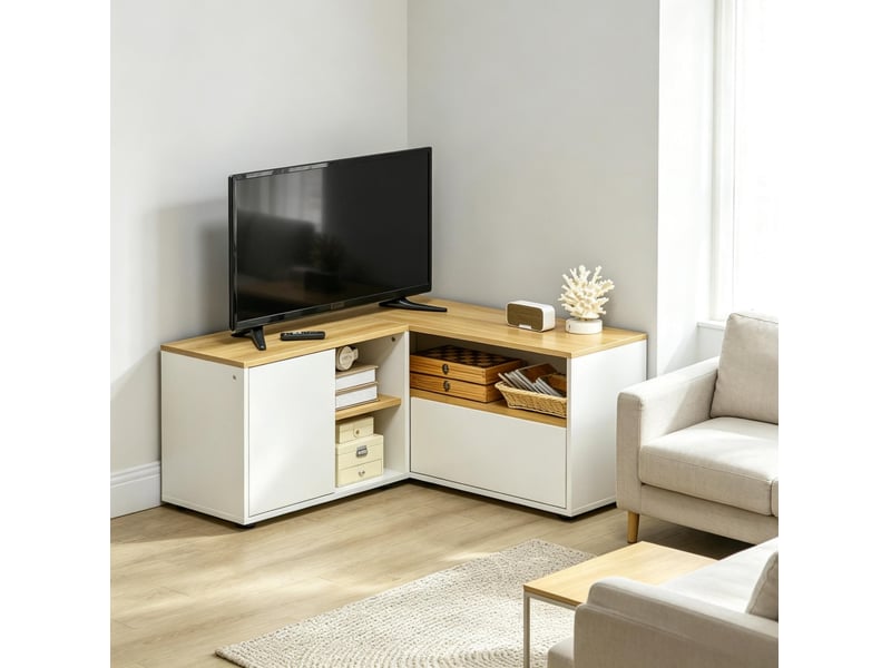  Meuble tv d’angle tcqpz 90 x 90 x 45 cm 5 espaces de rangement panneaux de particules blanc et bois clair  - Conforama D
