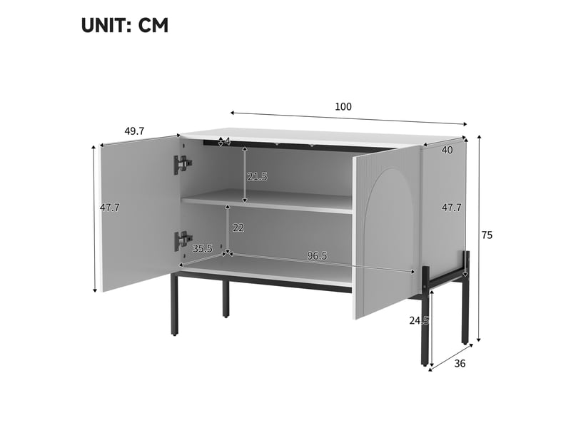  Buffet 100x40x75 cm à 2 portes, pieds en métal, blanc  - Conforama C