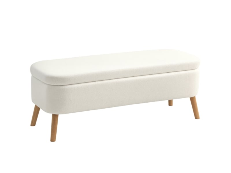  Pouf coffre crème 120x42x45 cm avec 65 l de rangement, tissu polaire, bois d’hévéa  - Conforama A