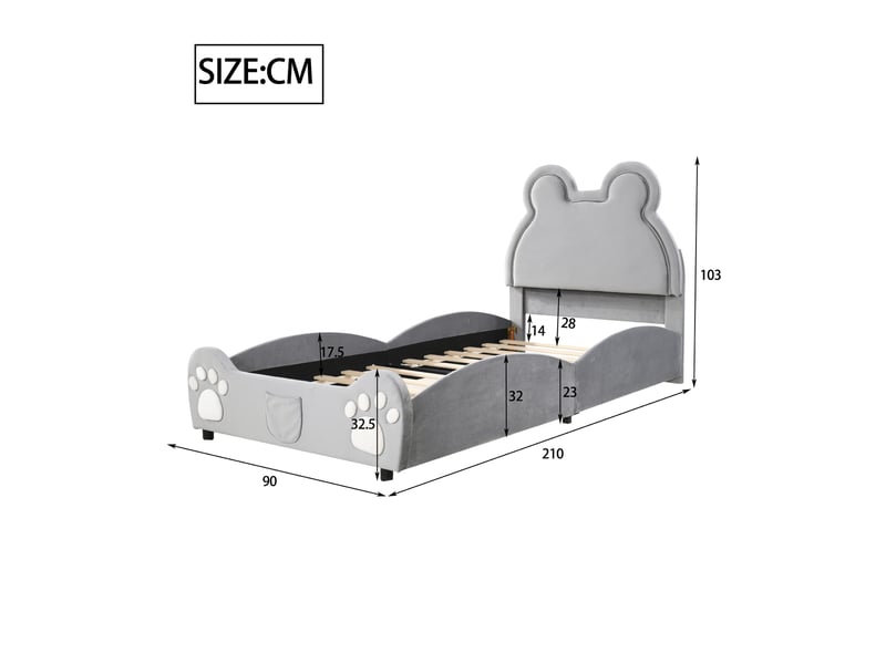  Lit enfant 90 × 200 cm 1 place avec dossier en forme d'ours, sans matelas, en tissu rembourré, gris  - Conforama D